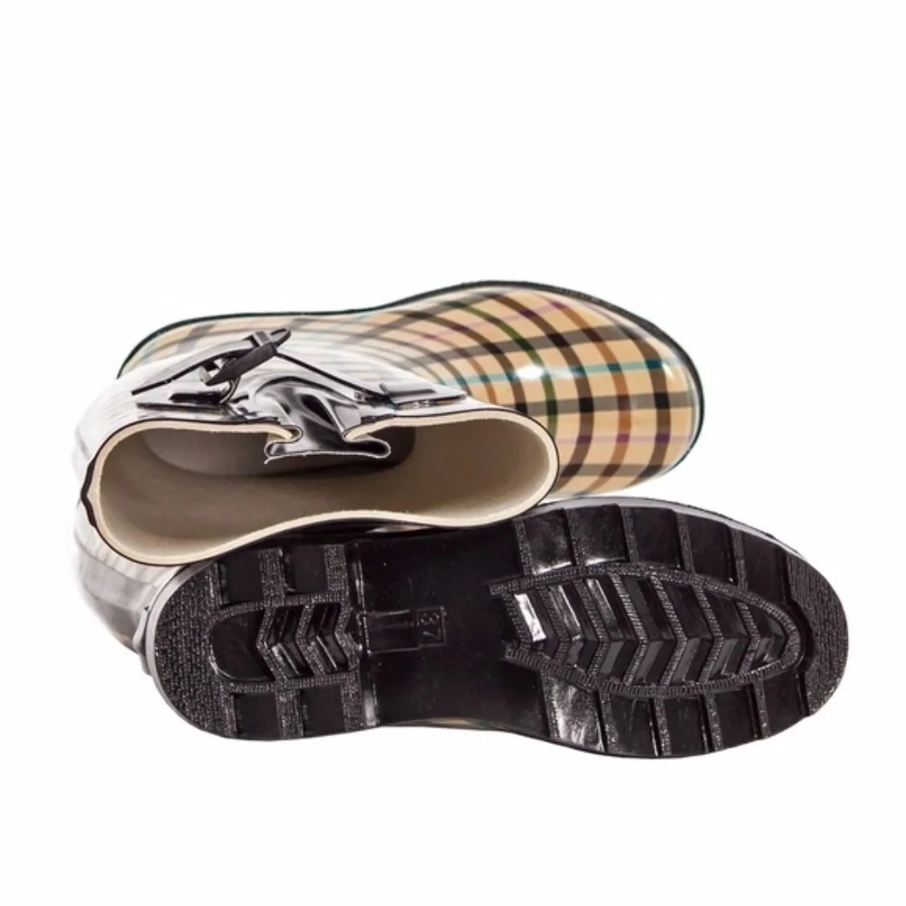 Women Rubber Rain Boots, Lines Plaid Garden Rainboots